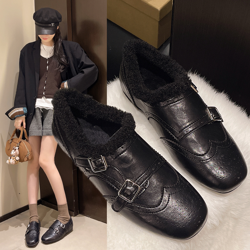 新款秋冬平底单鞋皮鞋女鞋复古圆头小个子1米51的小九加绒冬季