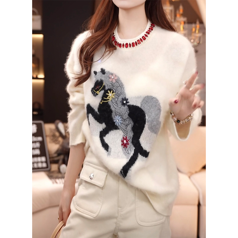 超好看重工镶钻小马刺绣针织衫女2025秋冬新款漂亮气质减龄毛衣潮