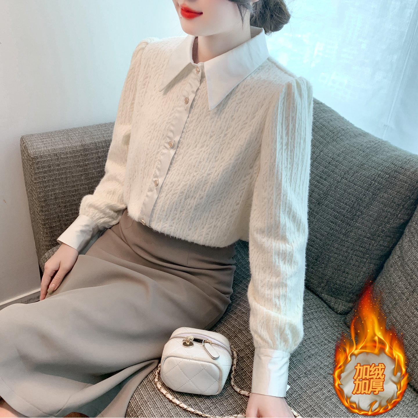 已出货加绒加厚衬衫女秋冬设计感小众时尚洋气衬衣女浅色牛仔衬衫