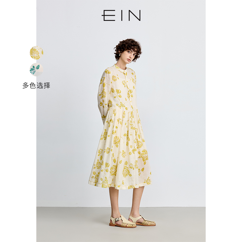 EIN/言浪漫柔麻玫瑰印花绣花灯笼袖双层碎褶连衣裙2025早春新款