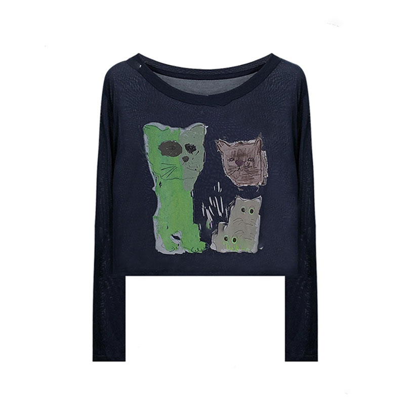 2025夏季薄款趣味印花防晒罩衫上衣女慵懒风宽松显瘦长袖打底T恤