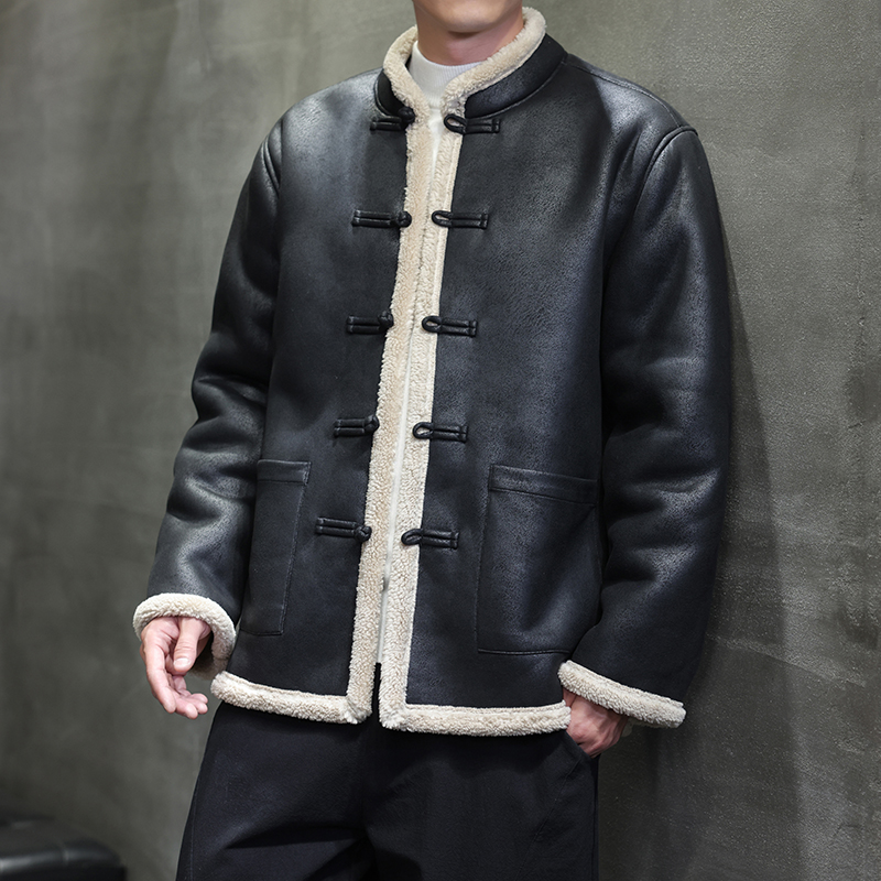 新中式皮毛一体羊羔绒棉服男冬季新款加绒加厚麂皮绒唐装棉衣外套