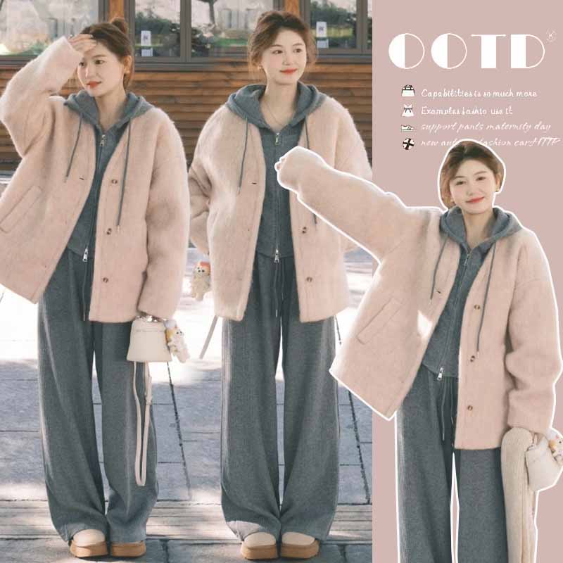 秋冬新品孕妇装时尚休闲加厚连帽卫衣套装高级小香风粉色毛呢外套
