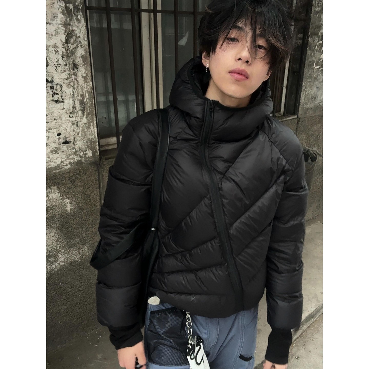 黑色短款斜拉链排骨羽绒服男款冬季加厚保暖棉服外套cleanfit棉袄