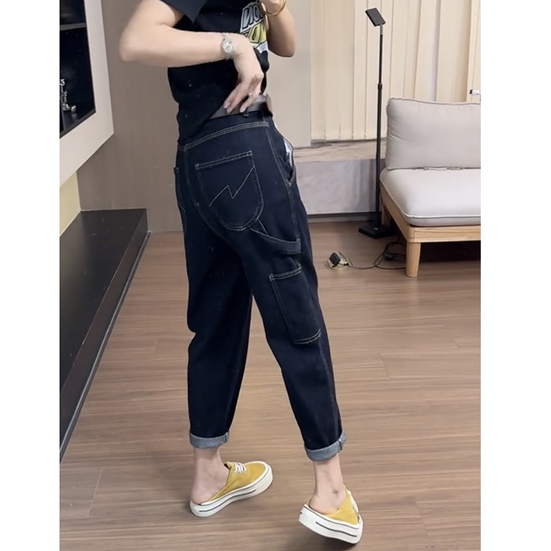 2025春季新款大码工装牛仔老爹裤显瘦减龄哈伦裤小个子遮肉奶奶裤