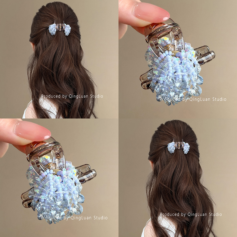 冰岛慕斯~蓝色串珠小抓夹手工编织花朵半扎发夹小众设计旅行发卡
