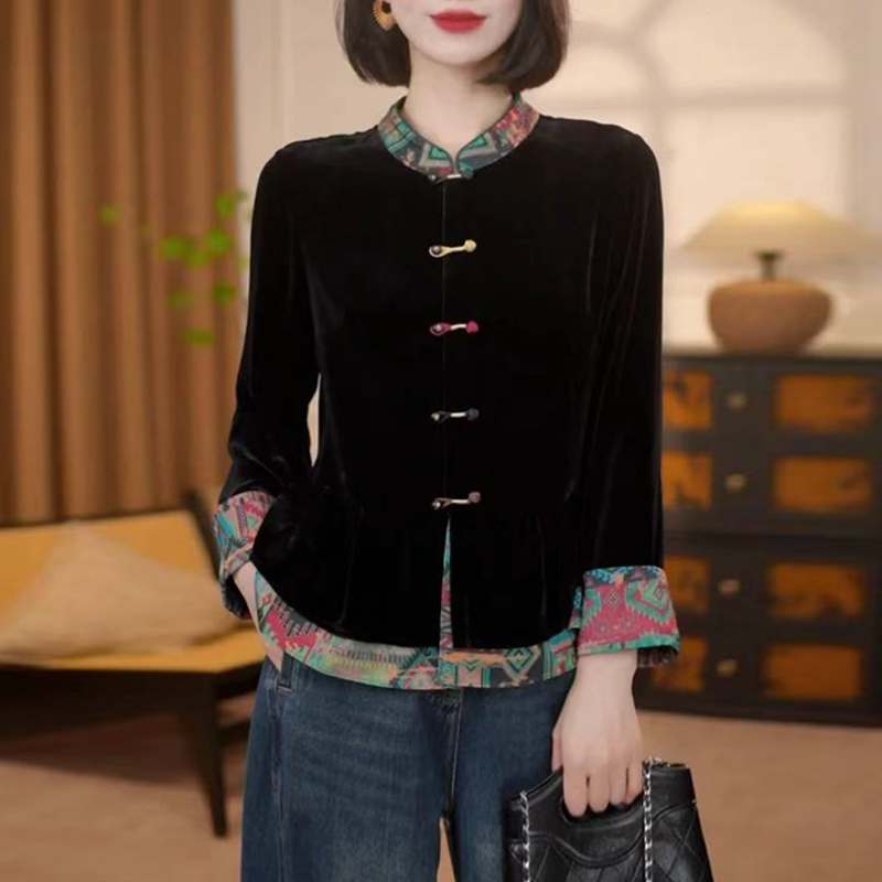 【清梦遥】新中式丝绒衬衫单面穿秋季外套女休闲洋气时髦洋气上衣