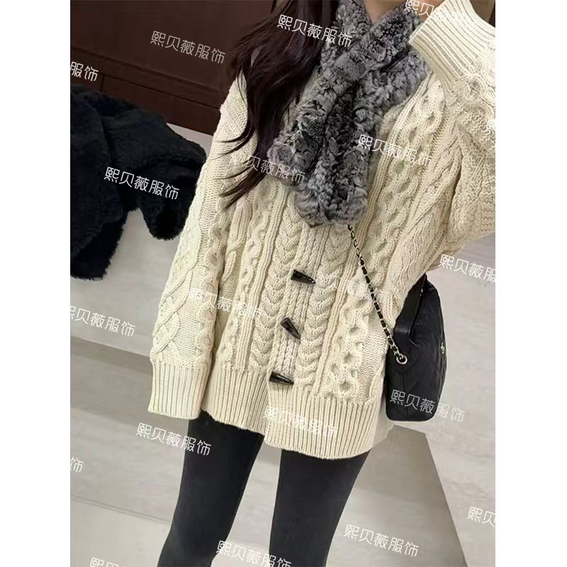 熙贝薇3【牛角扣开衫】冬季新款粗针织麻花毛衣针织衫开衫 G5787