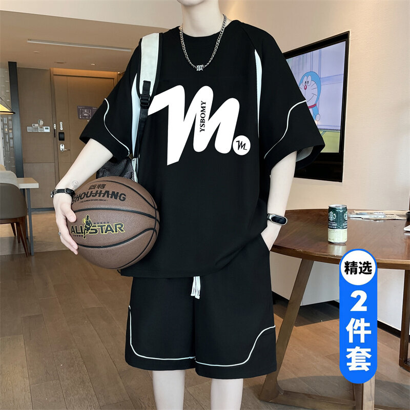 两件装青少年新款初高中学生休闲潮流运动套装短袖短裤男生半袖