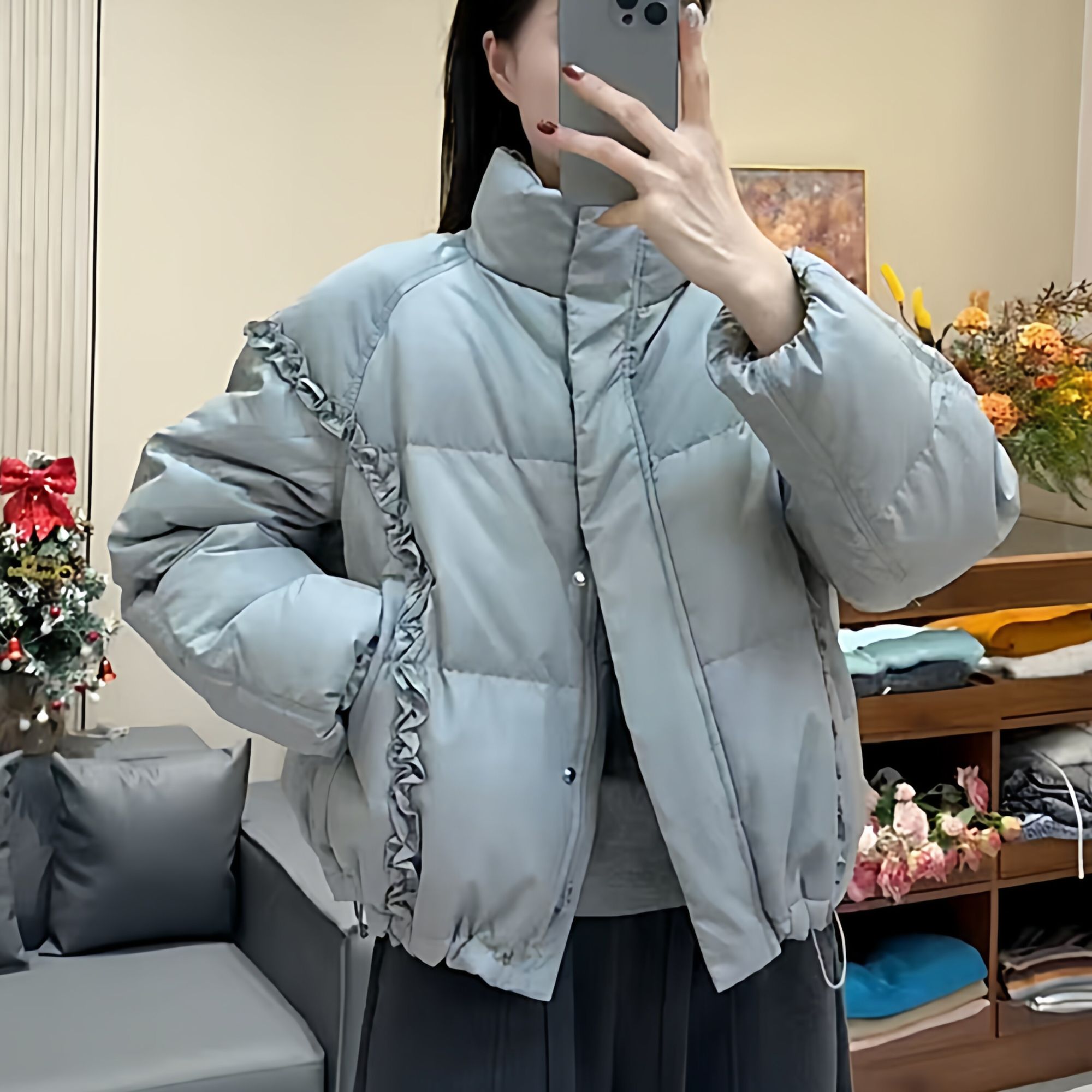 韩系立领木耳边短款棉服女2025冬季新款宽松时尚保暖面包服外套潮