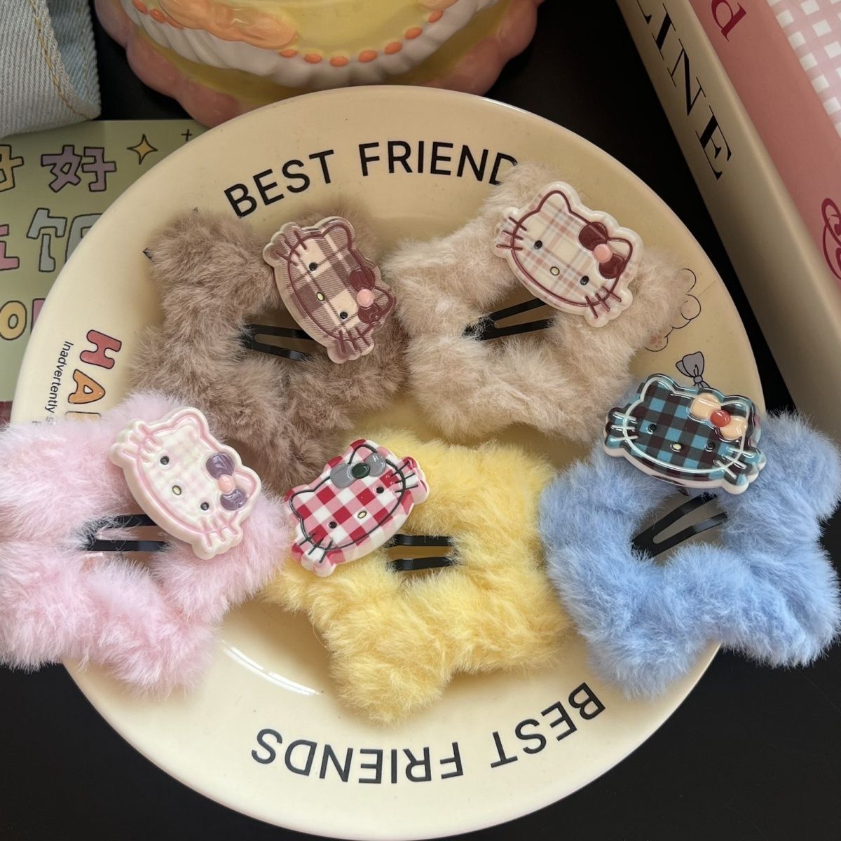 秋冬毛茸茸kt五角星蝴蝶结BB少女卡通发夹甜美星星发饰