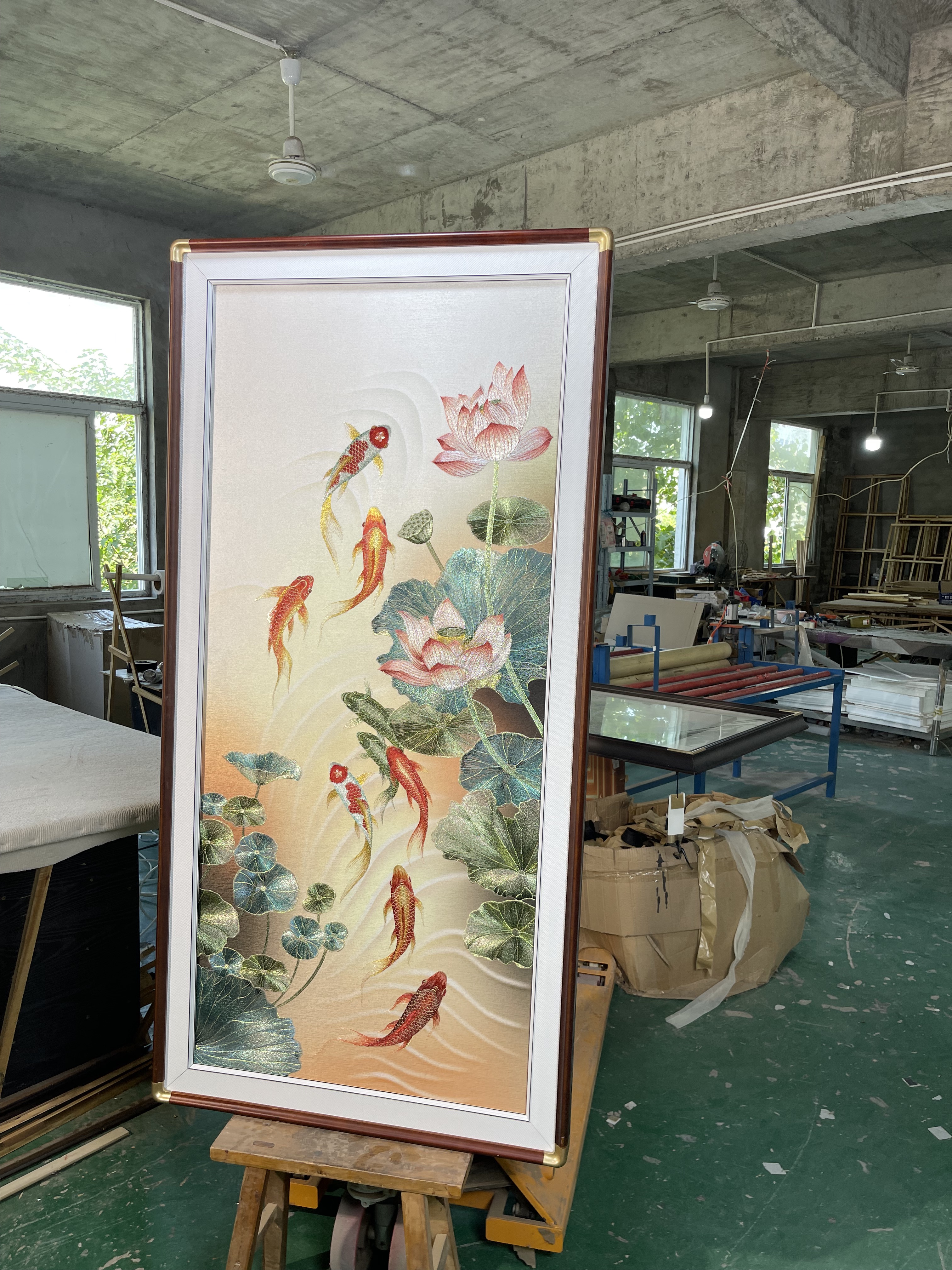 织锦绣九鱼荷花新中式刺绣玄关装饰画富贵手工现代客厅