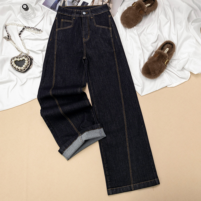 高腰阔腿牛仔裤女秋冬季新款加绒美式显瘦宽松微喇叭直筒拖地裤子