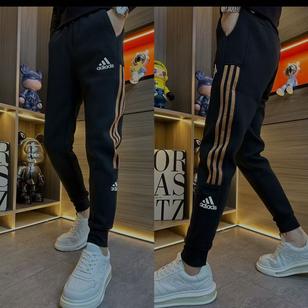 修身高弹力秋季高腰吸汗潮休闲裤加绒长裤拼接男士潮流韩版卫裤