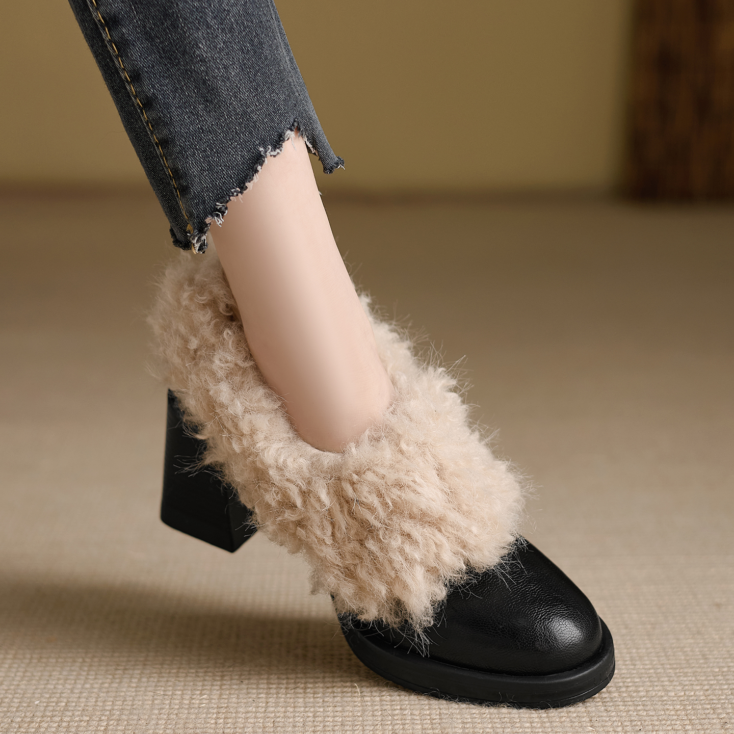 小个子手工女鞋7.5cm~小众时尚方头拼接单鞋复古风百搭粗跟毛毛鞋