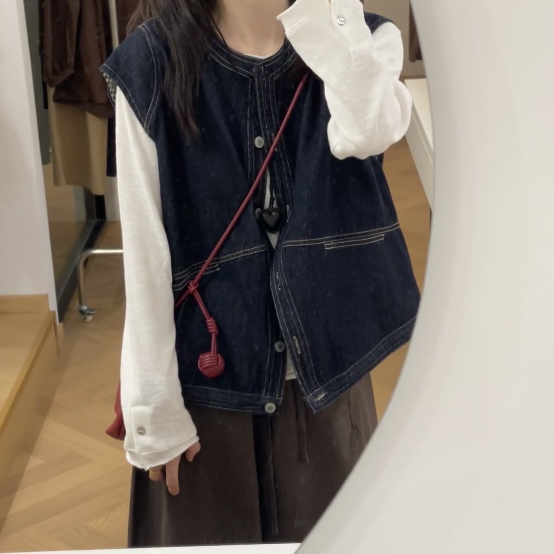 复古文艺套装 运动休闲牛仔马甲衬衫秋显瘦百搭打底衫马甲+打底衫