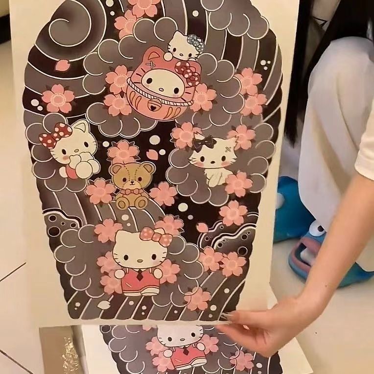 日式凯蒂猫彩色全包花臂纹身贴男防水持久女仿真可爱卡通贴纸耐磨