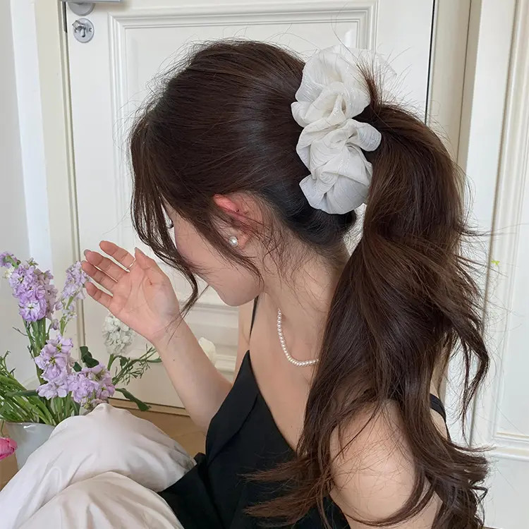 法式银丝双面褶皱泡泡网纱发夹女后脑勺香蕉夹子低马尾半扎发头饰