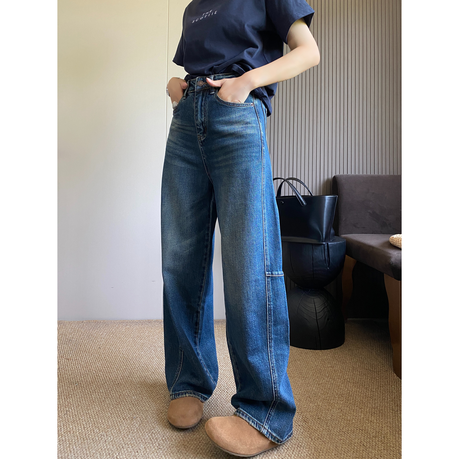 美式复古弯刀牛仔裤女2025秋季新款设计感高腰宽松百搭显瘦阔腿裤