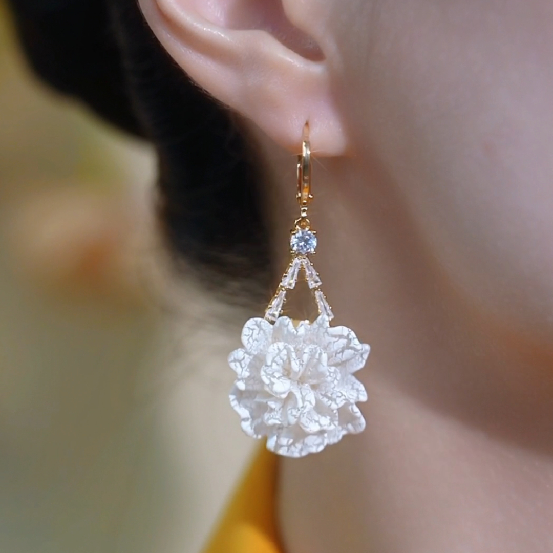 铜合金耳饰 中国风轻奢牡丹花锆石流苏耳扣高档花朵耳环长款耳坠