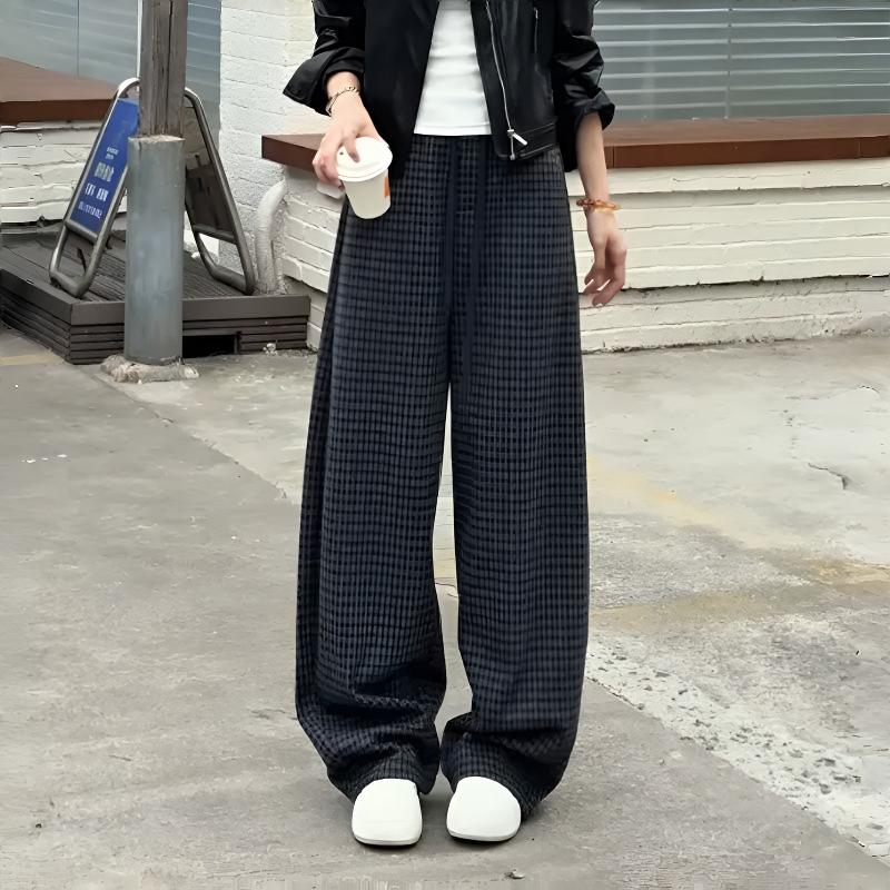 秋冬加绒保暖复古格纹阔腿裤格子裤女款爆款新款格子裤子加绒流行