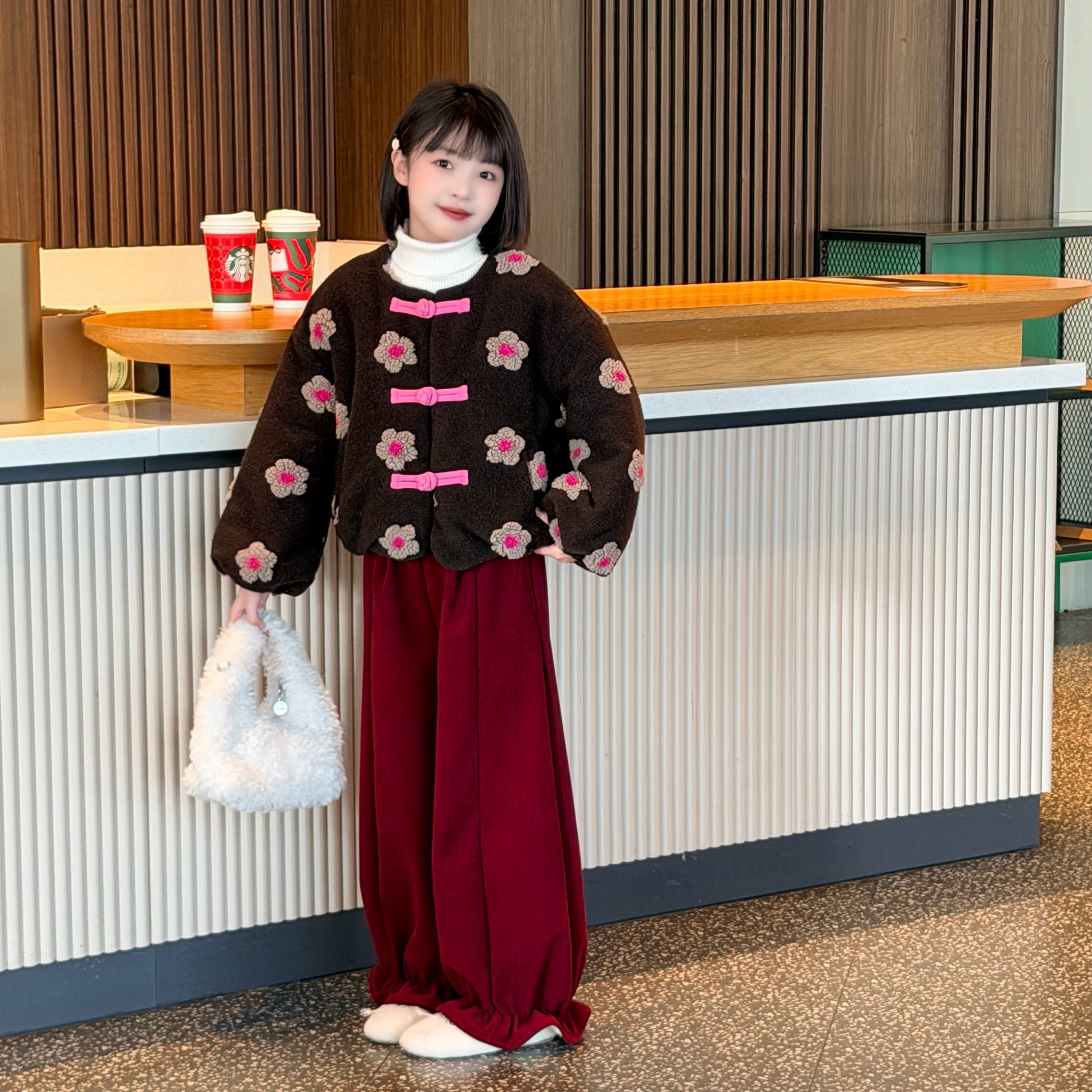 2025秋冬女童复古高级禅意花朵棉服精致新中式时尚加绒花苞裤两件