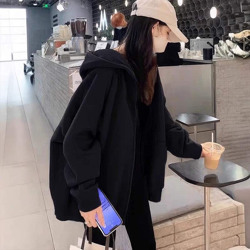 开衫外套女加绒加厚2025新款爆款秋冬黑色美式hiphop卫衣连帽上衣