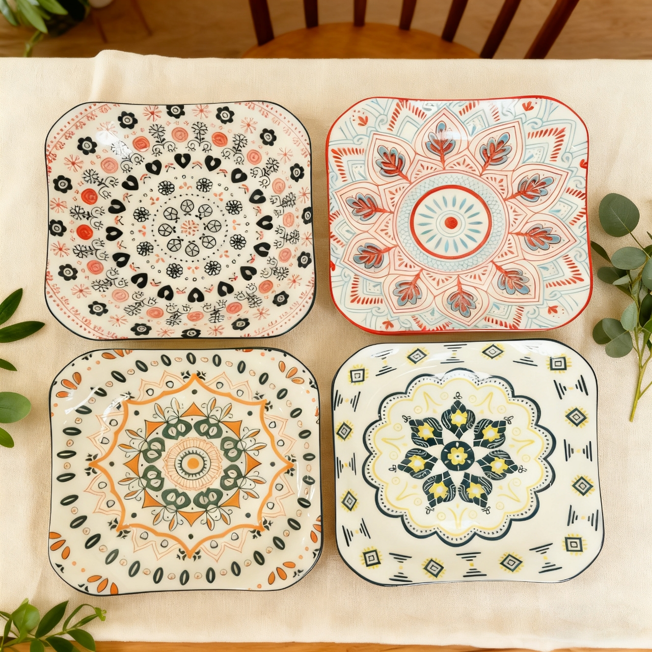新款波西米亚风家用陶瓷如意方盘釉下彩耐高温高颜值方形盘子餐具