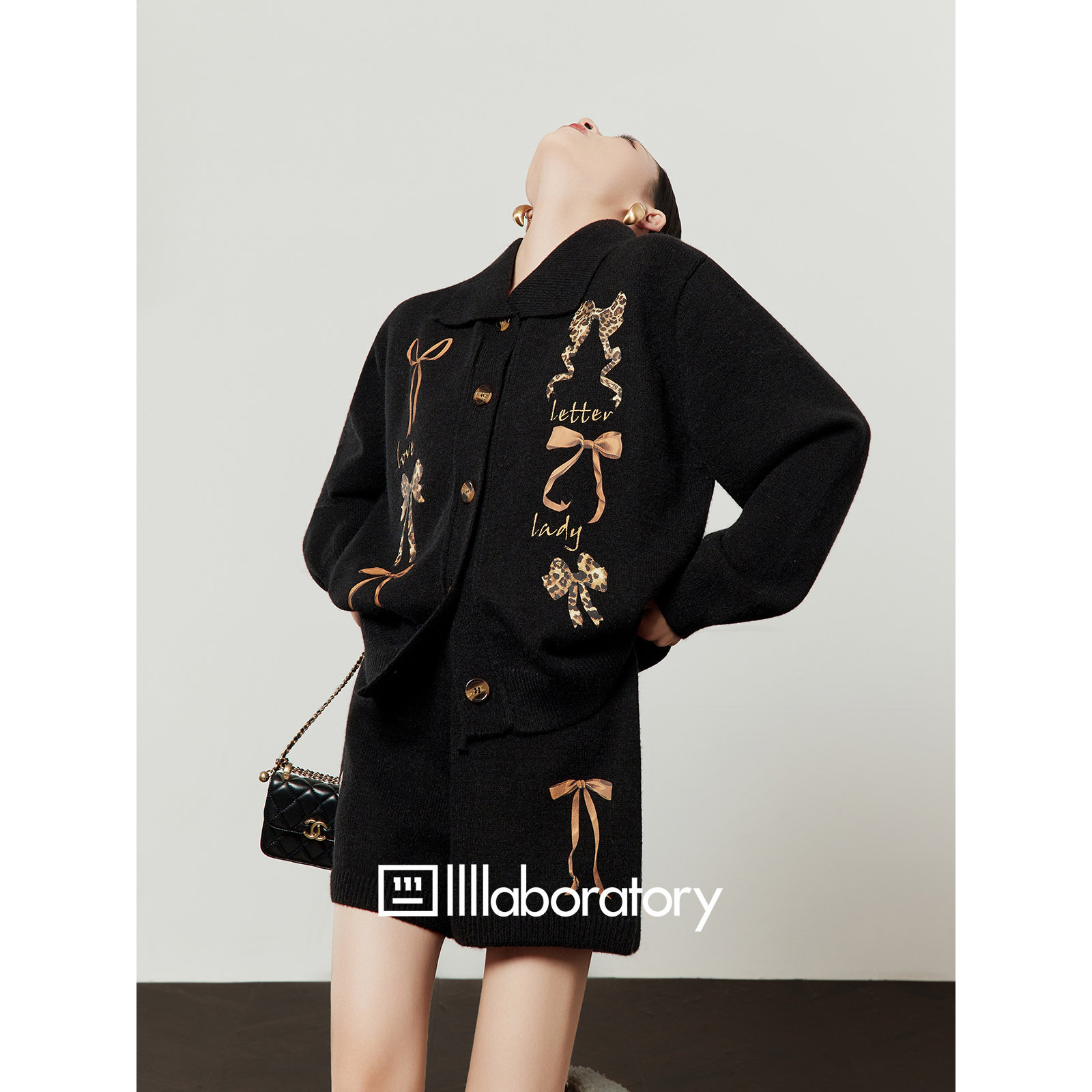 出品「豹纹丝结」黑色针织套装女2025冬季通勤风新款俩件套