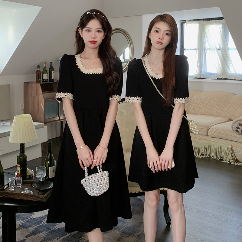 女大码胖mm长短款蕾丝方领闺蜜装收腰法式连衣裙14434长+14433短