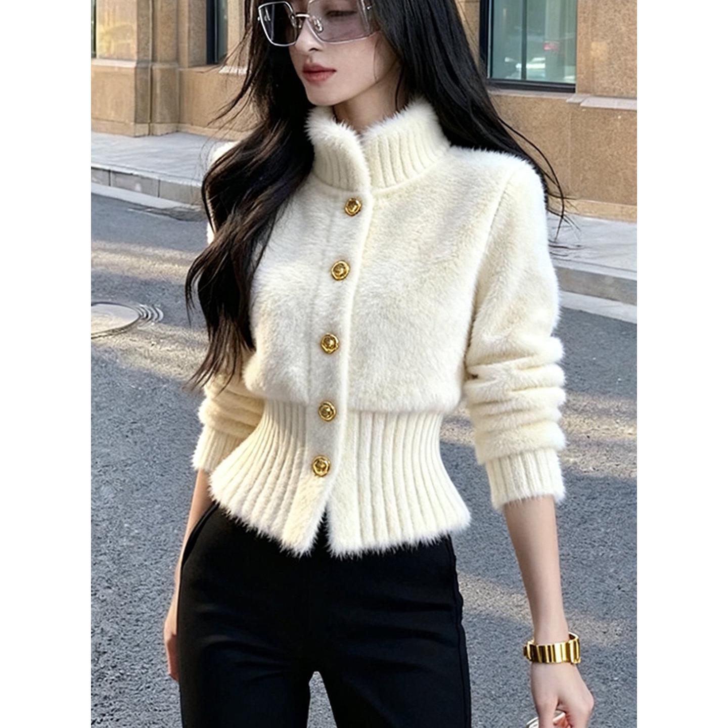 白色毛绒外套女款秋冬巨好看独特漂亮软糯气质高端掐腰小香风上衣