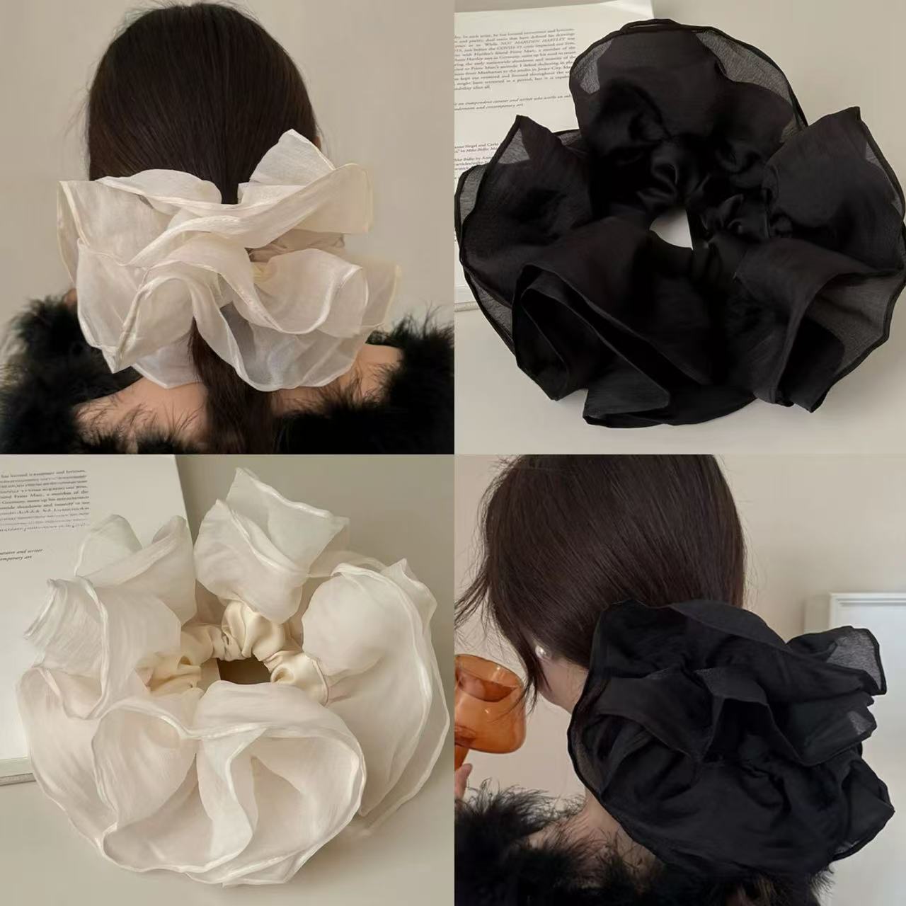 法式超大号褶皱双层网纱大肠发圈感扎马尾头花女大肠发圈夏天款