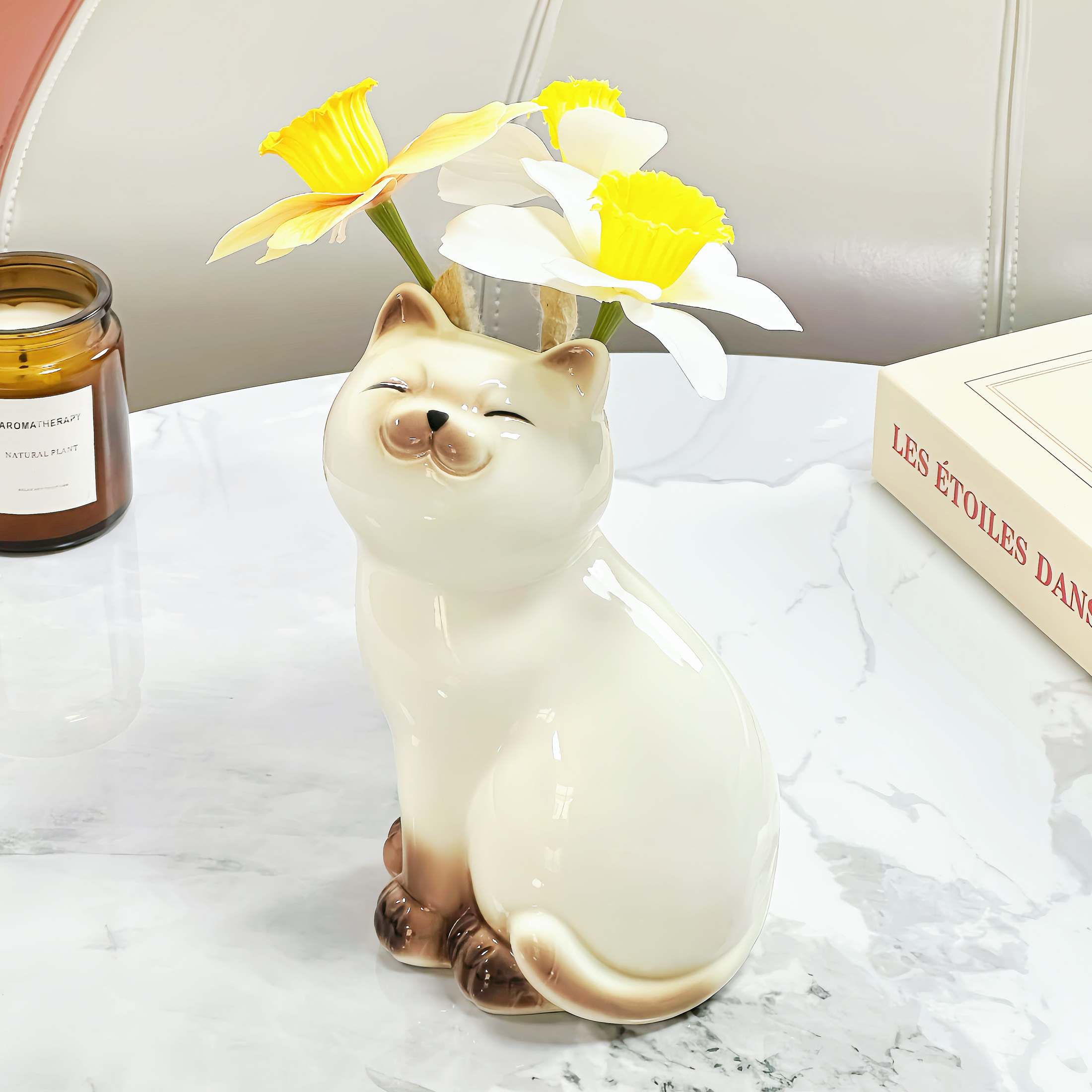 创意暹罗猫花瓶家用客厅桌面装饰摆件高颜值干花鲜花陶瓷插花花器