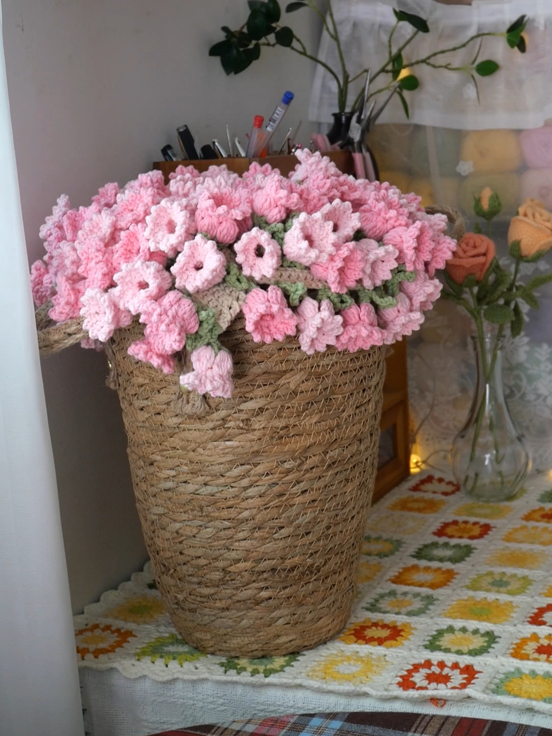 北欧草编蒲苇篮花瓶摆件客厅插花满天星干花现代简约藤编花盆