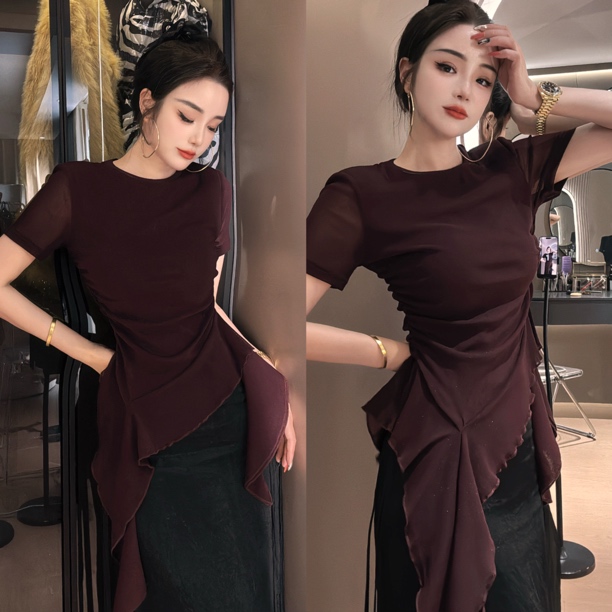 大佬莎-原创新款修身显瘦下摆荷叶边冰丝短袖不规则短袖体恤3016