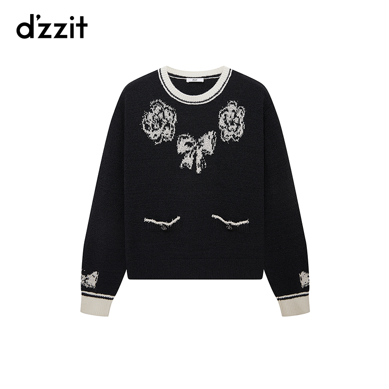 dzzit地素长袖针织衫春秋花朵蝴蝶结提花宽松圆领上衣女3I1E421
