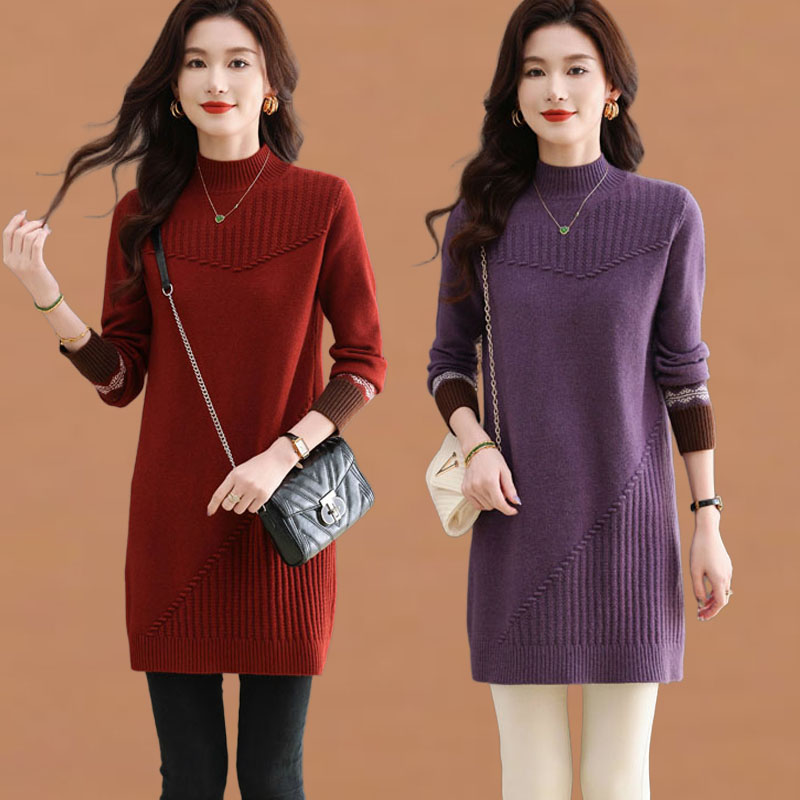 半高领套头毛衣女中长款秋冬宽松遮屁股洋气内搭针织打底衫厚