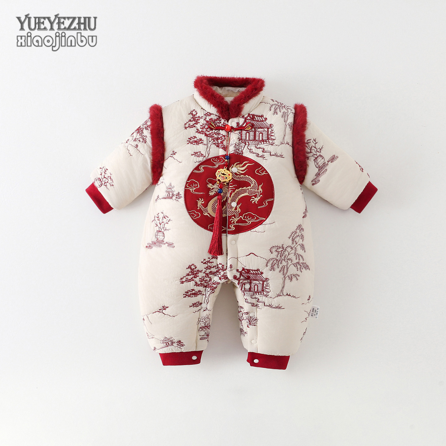 国风婴儿衣服冬季加厚保暖宝宝拜年服连体衣冬装满月百天周岁哈衣