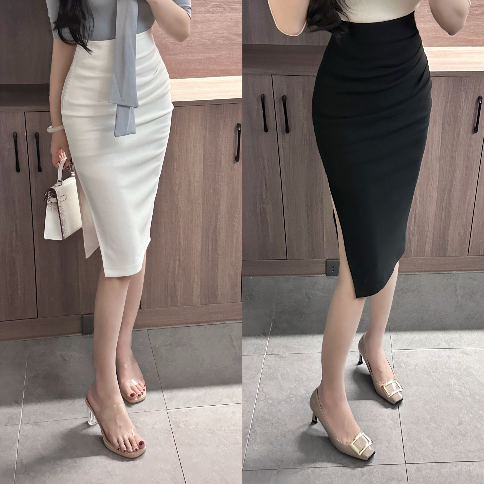 【巧思逸】白色高腰半身裙女春夏轻熟风褶皱遮肚开叉包臀裙一步裙