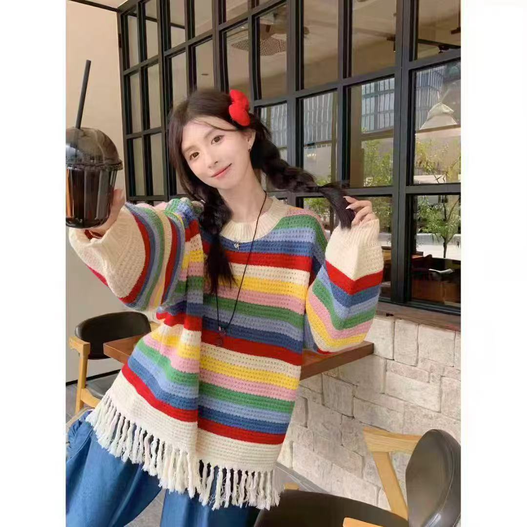 彩虹条纹流苏长袖针织毛衣女2024秋冬新款宽松小众别致独特上衣潮