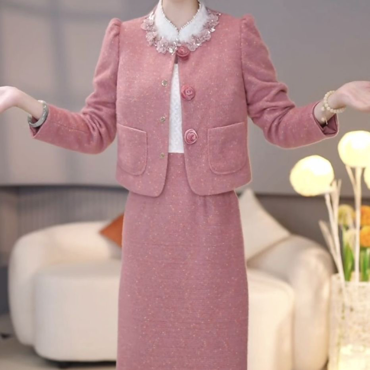 高级水溶蕾丝甜美清新礼服裙套装2025秋季新款遮肚子两件套连衣裙