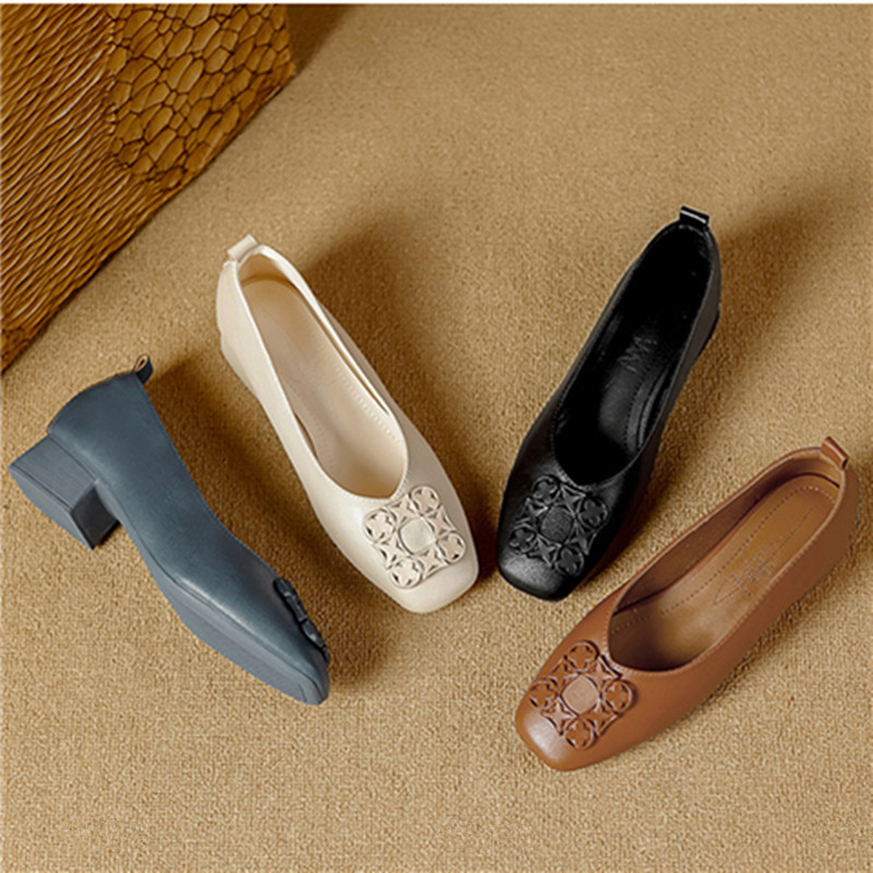 2025新款粗跟单鞋浅口低帮多色复古中跟真皮文艺方头软皮时尚女鞋