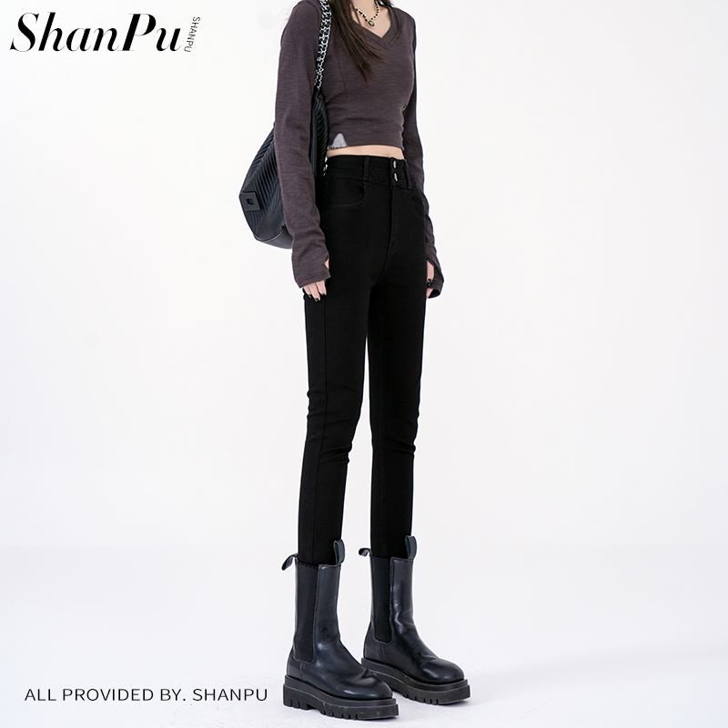 珊璞加绒保暖黑色高腰牛仔裤女2025秋冬新款显瘦紧身铅笔小脚裤子
