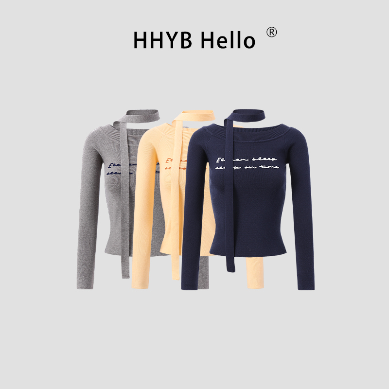 HHYB Hello秋季一字肩毛针织衫长袖露肩刺绣字母修身上衣女M1417