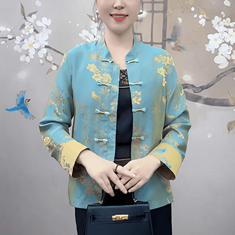 早秋网红气质盘扣设计上衣新中式高档洋气长袖单面国风印花外套