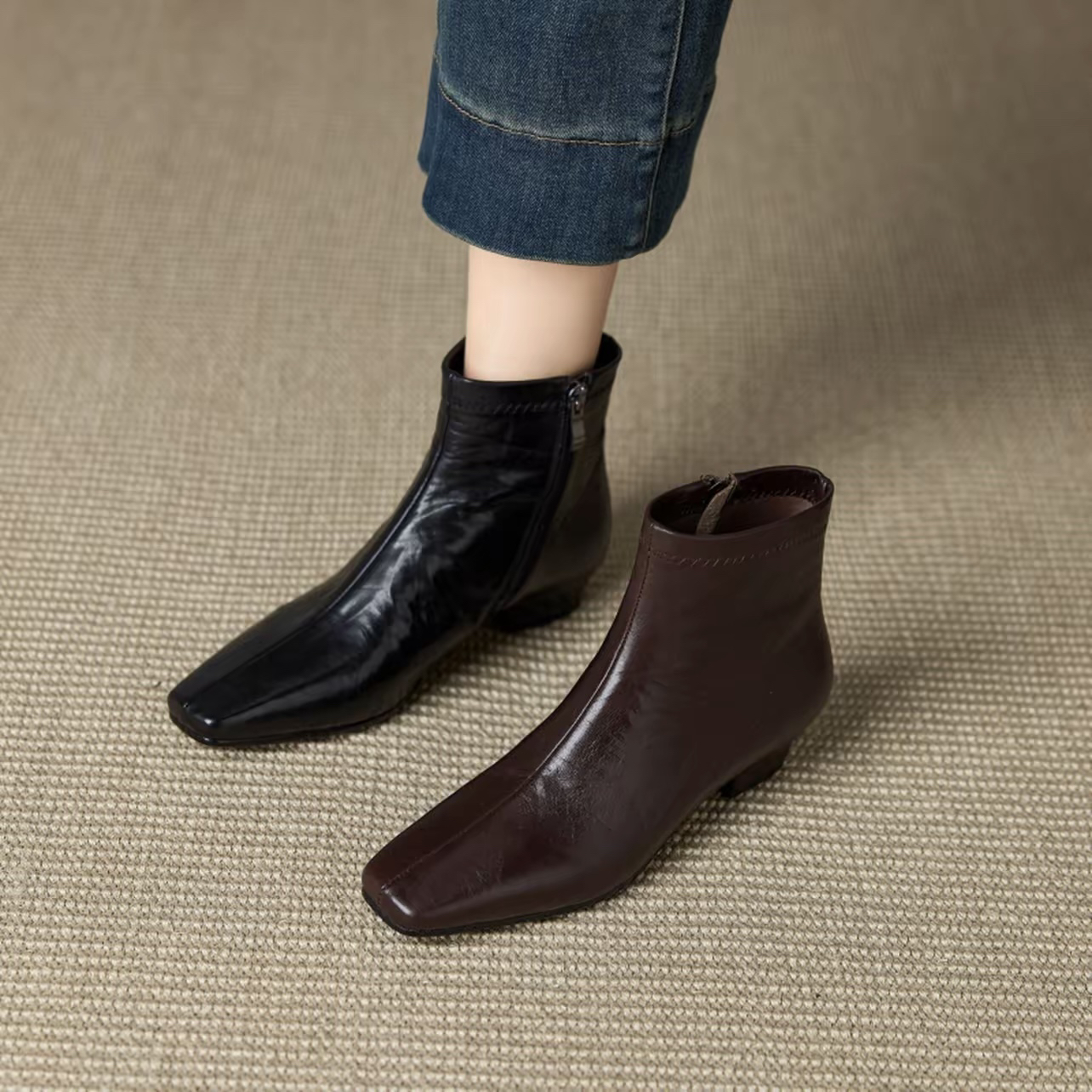 时装靴3cm秋冬单靴法式方头马丁靴短靴中跟百搭1121