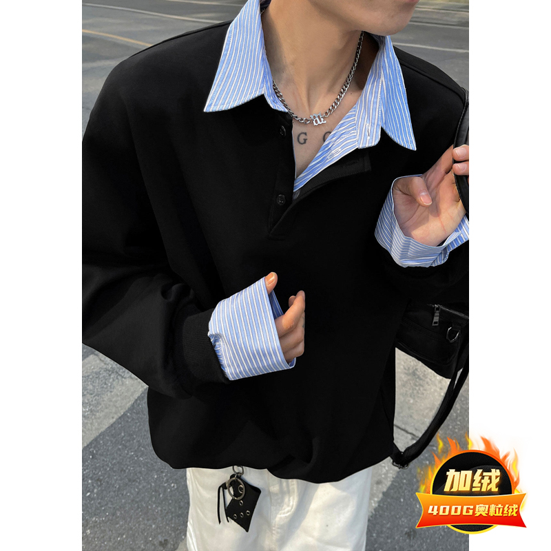 假两件亨利领加绒卫衣男款秋冬拼接长袖polo衫美式青少年套头外套