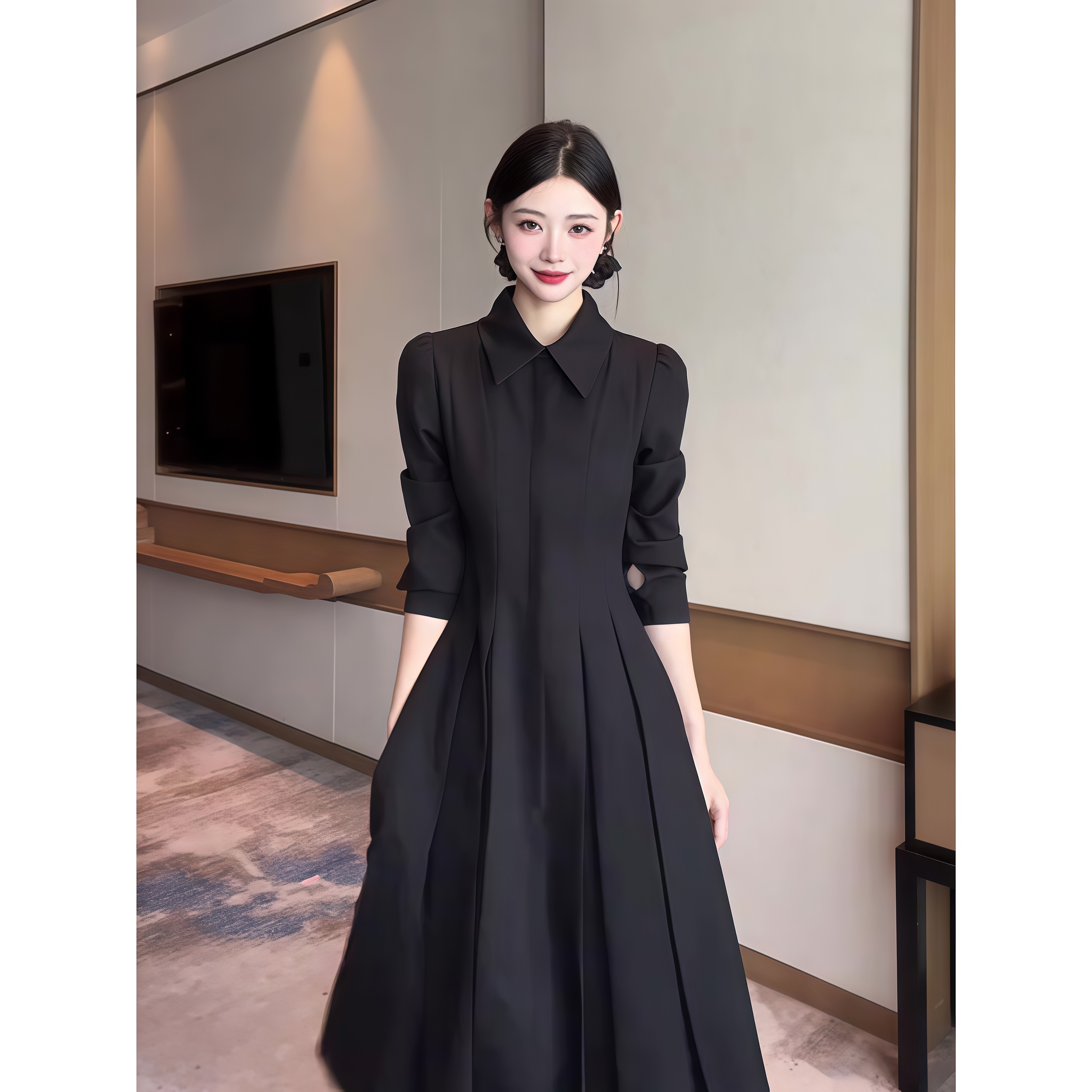 法式复古风翻领衬衫连衣裙女秋季新款辣妹复古收腰显瘦气质长裙子