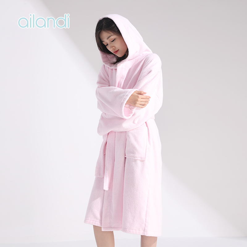 全棉带帽成人浴袍家用洗澡连帽浴衣男女款柔软吸水舒适可穿式浴巾