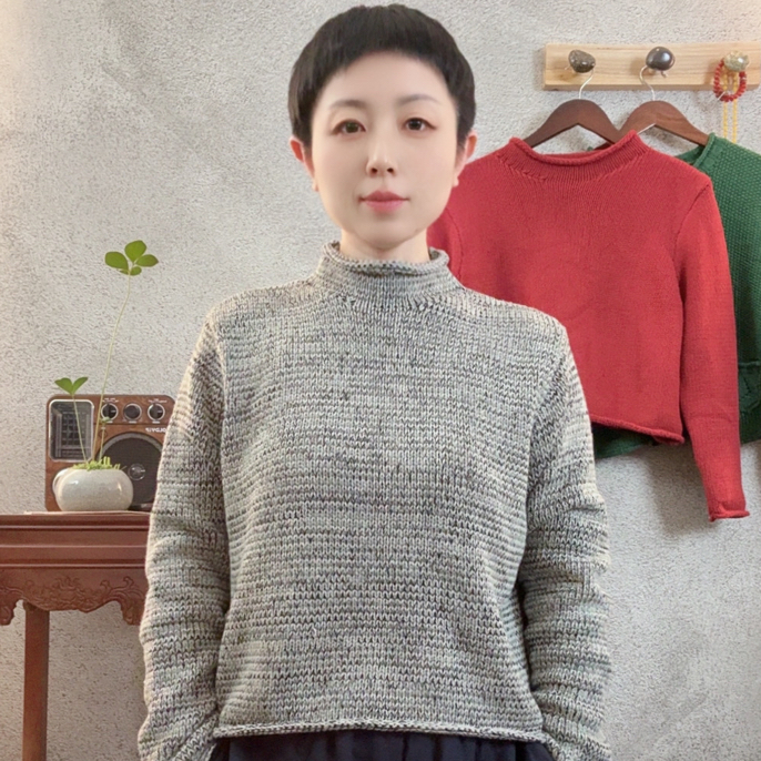 3611小个子短款秋冬半高领套头混色织针织衫衫长49胸围113